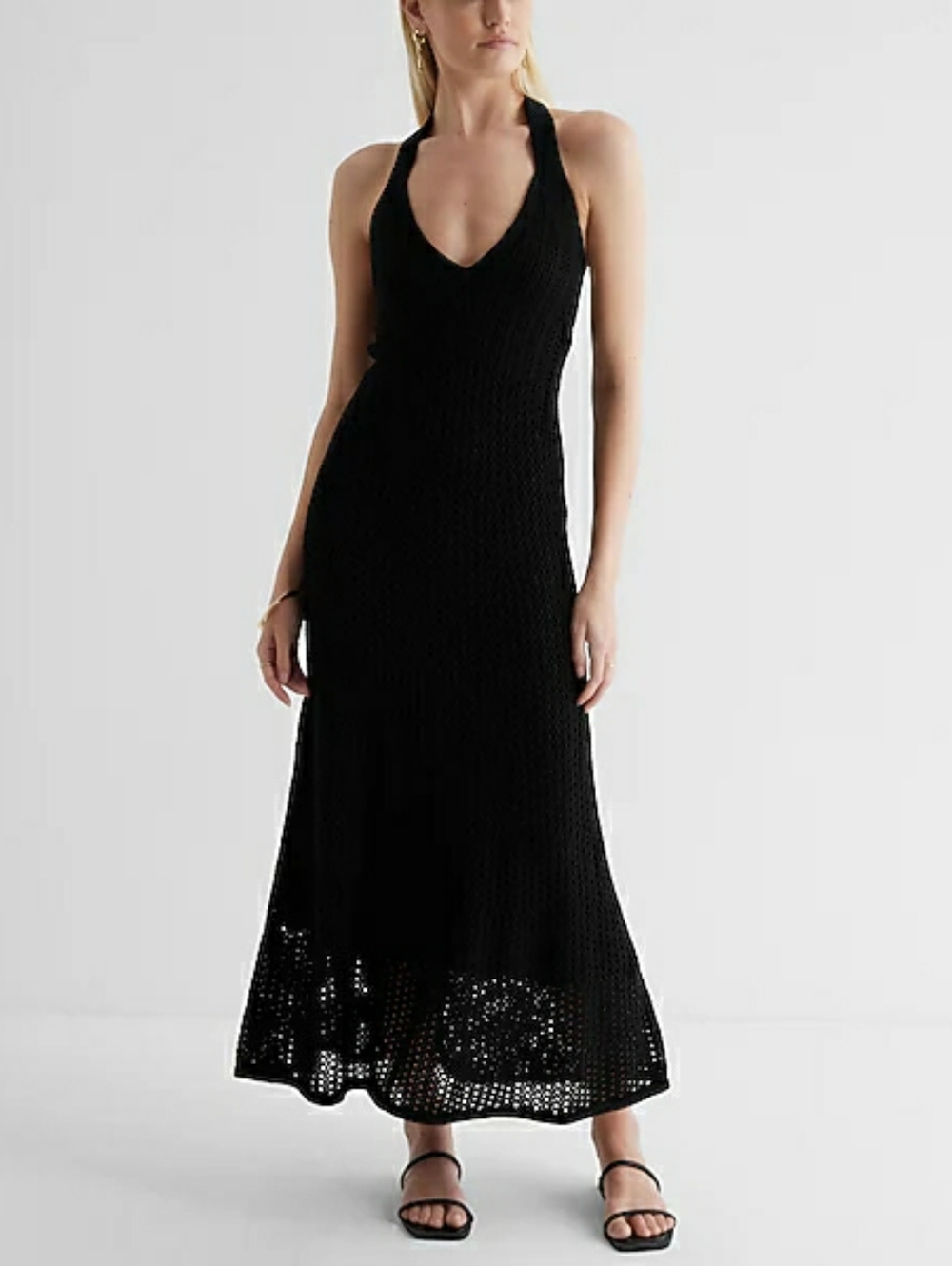 Express Crochet V-Neck Twist Back Maxi Dress Cover Up In BLACK Lined Women Sz XL